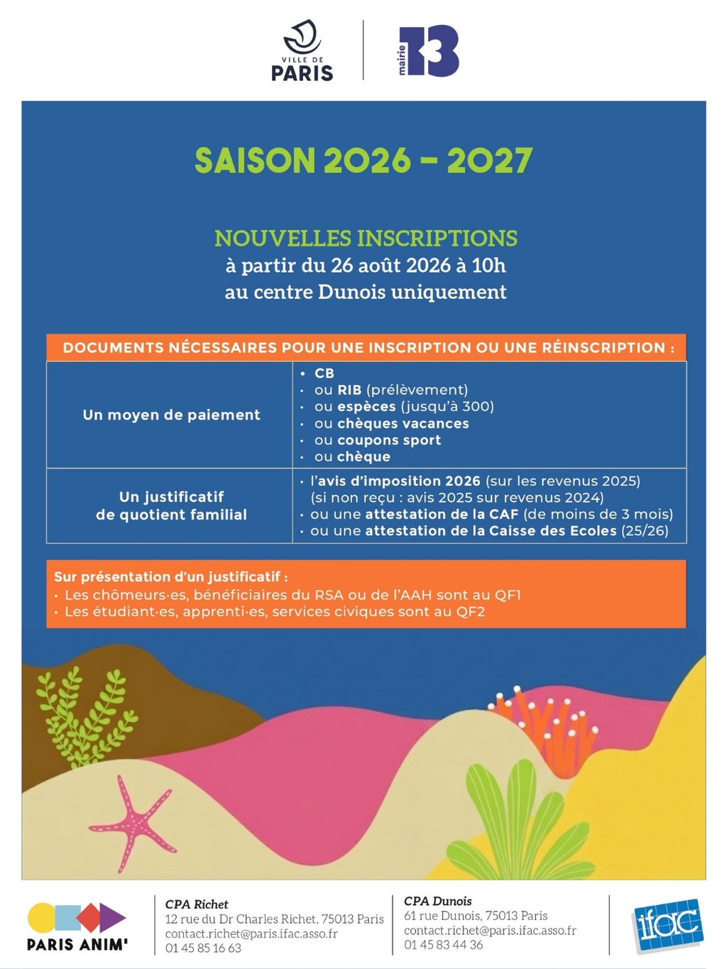 INSCRIPTIONS CENTRE PARIS ANIM' DUNOIS ET RICHET